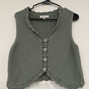 Francesca's Collections Olive Crochet-Trim Knit Button Vest